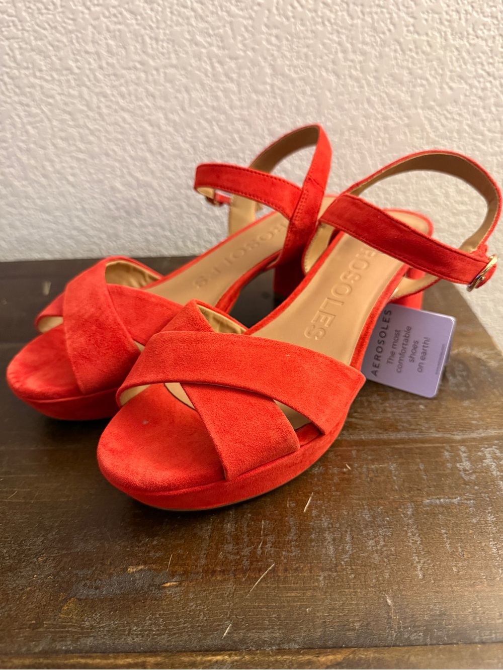 AEROSOLES Red Suede Cross-Strap Platform Sandals
